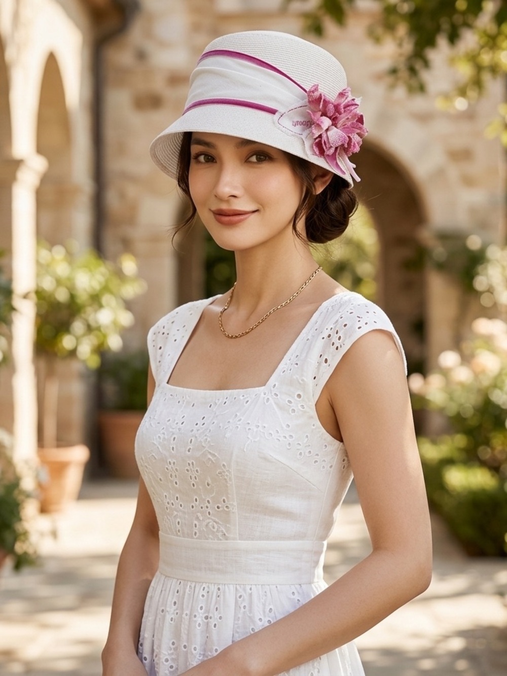 Plaza Suite New York Elegant Summer Cloche Hat Cream Pink Flower Trim Betmar VTG